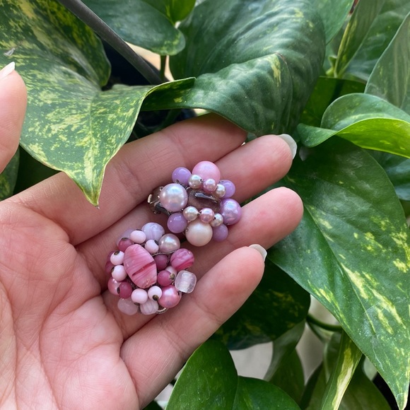 Vintage Clip On Earrings Handmade Bead Earrings Pink and Purple